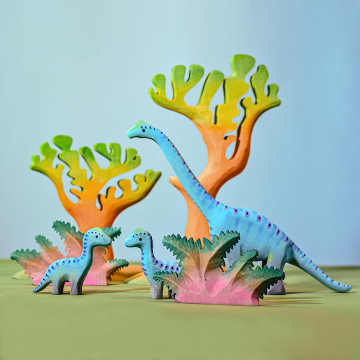 BumbuToys Handcrafted Wooden Baby Dinosaurs Brontosaurus from Australia with Big Brontosaurus in a prehistoric small-world playscape