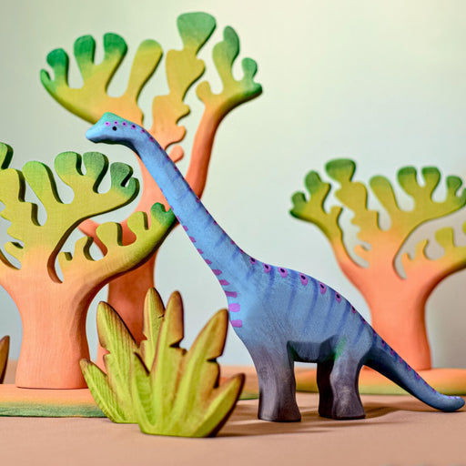 BumbuToys Handcrafted Wooden Dinosaur Brontosaurus Big with Wooden Trees and Shrubs from Australia