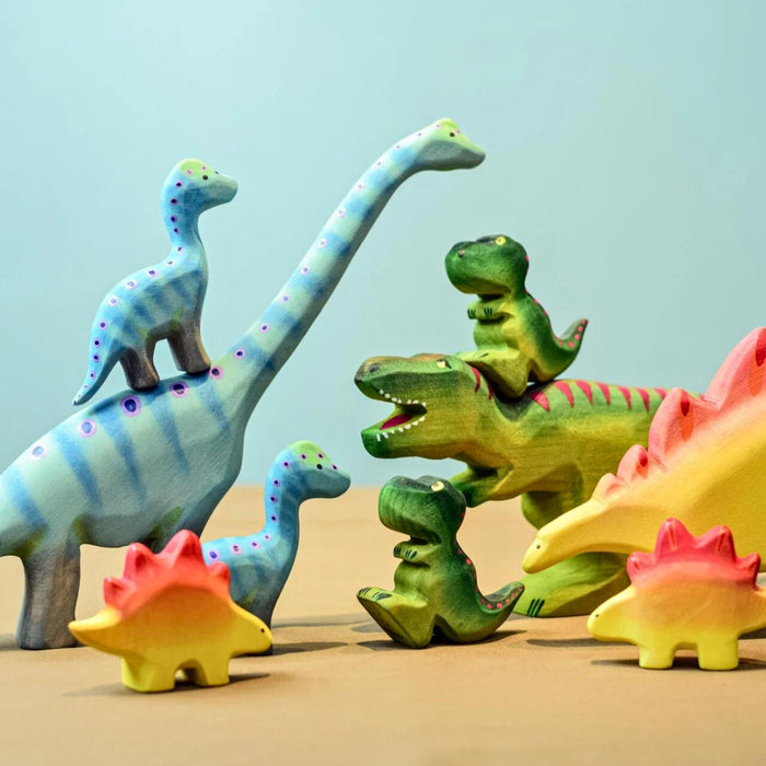 BumbuToys Handcrafted Wooden Dinosaur Set Brontosaurus with other wooden dinos from Australia