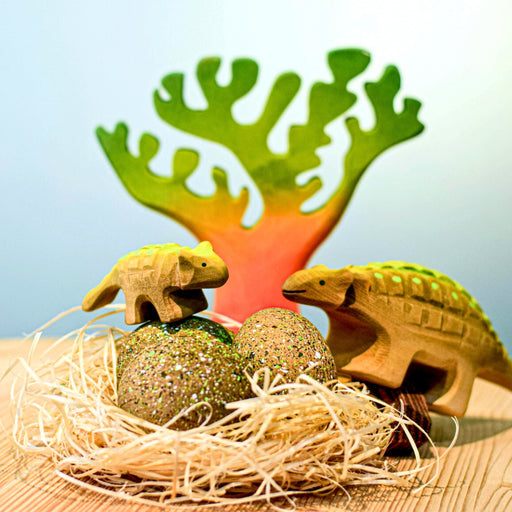 BumbuToys Handcrafted Wooden Dinosaur Eggs Ankylosaurus Set of 3 for Small World Play from Australia