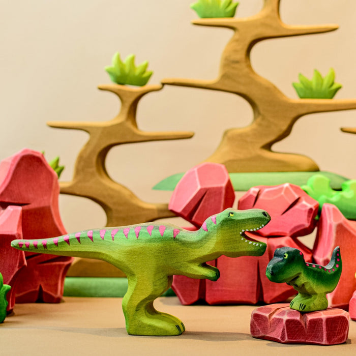 BumbuToys Handcrafted Wooden Dinosaur T Rex and Baby T Rex from Australia in a small-world play setting