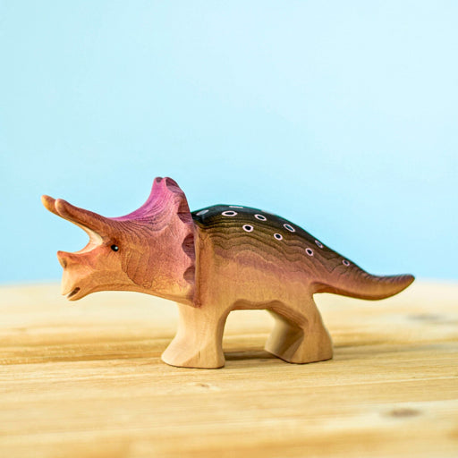 BumbuToys Handcrafted Wooden Dinosaur Triceratops Baby for Small World Play from Australia