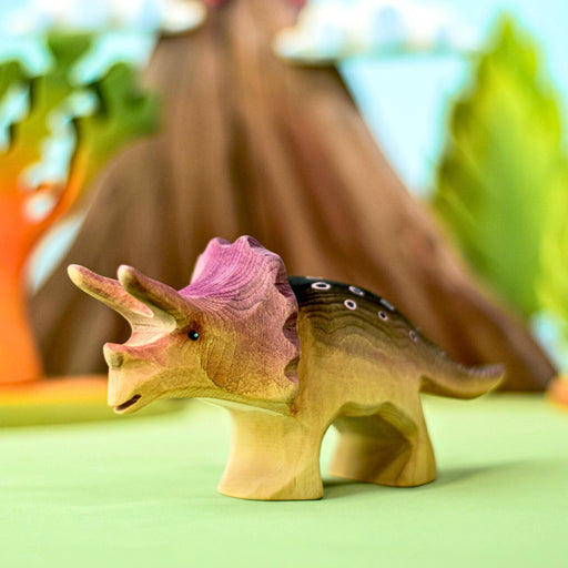 BumbuToys Handcrafted Wooden Dinosaur Triceratops Baby for Small World Play from Australia