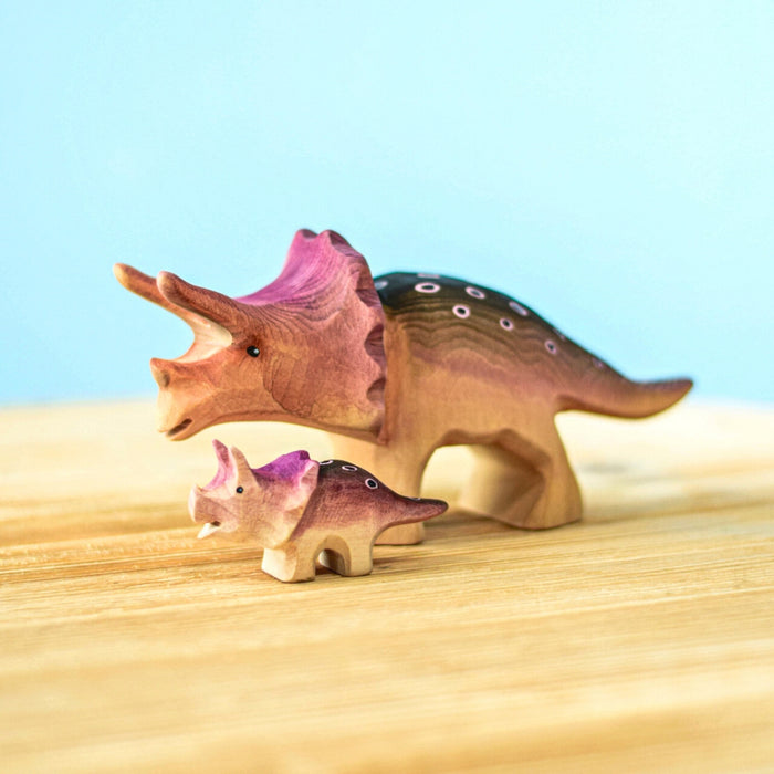 BumbuToys Handcrafted Wooden Dinosaur Triceratops Baby for Small World Play from Australia