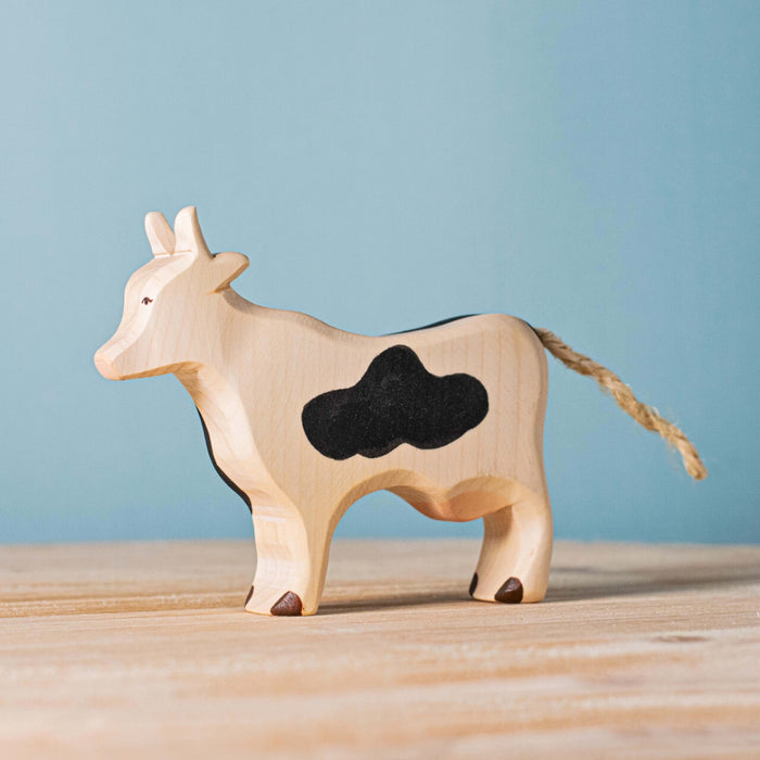 BumbuToys Handcrafted Wooden Farm Animal Cow with Black Spots from Australia