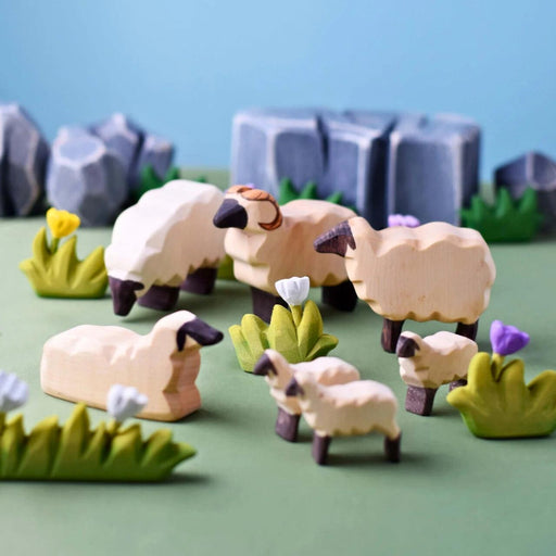 BumbuToys Handcrafted Wooden Farm Animal Sheep from Australia in a small-world play setting