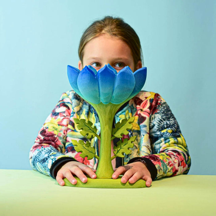 BumbuToys Handcrafted Wooden Figure Large Blue Flower for Small World Play from Australia