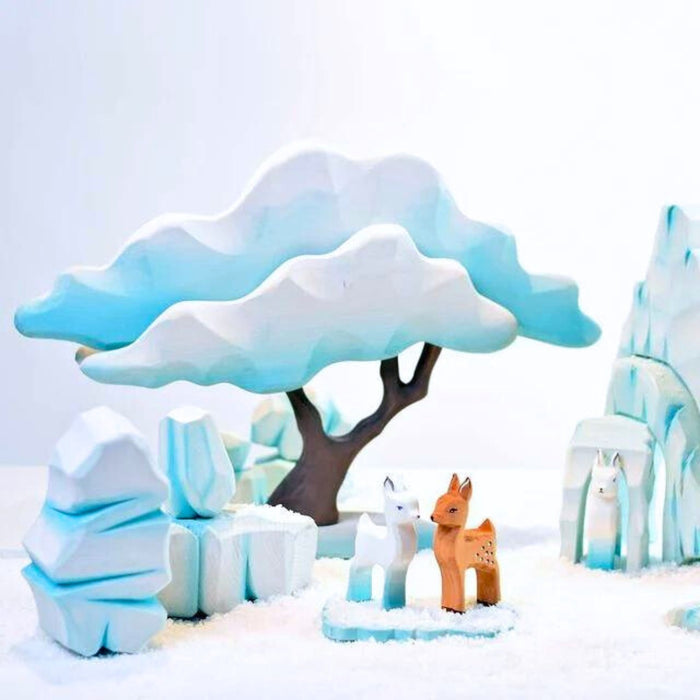 BumbuToys Handcrafted Wooden Landscape Icy Rocks Set of 5 from Australia in a small-world play setting