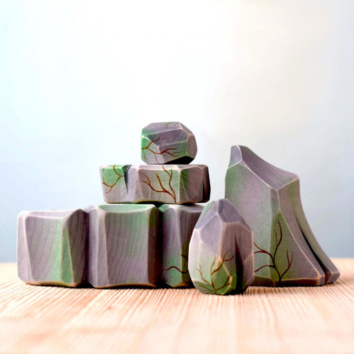 BumbuToys Handcrafted Wooden Landscape Mossy Rocks Set of 5 from Australia