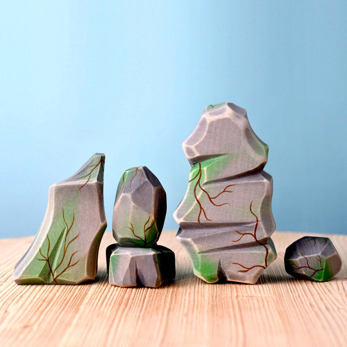 BumbuToys Handcrafted Wooden Landscape Mossy Rocks Set of 5 from Australia