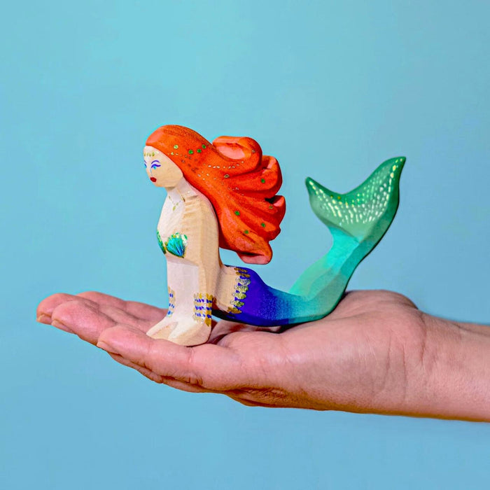 BumbuToys Handcrafted Wooden Mermaid in a small-world play setting