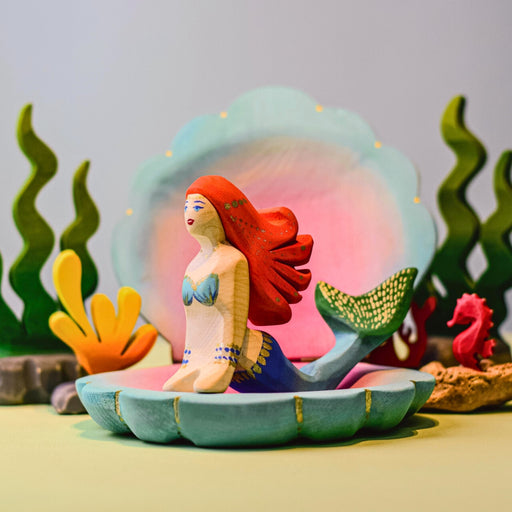 BumbuToys Handcrafted Wooden Mermaid in a small-world play setting in a small-world play setting