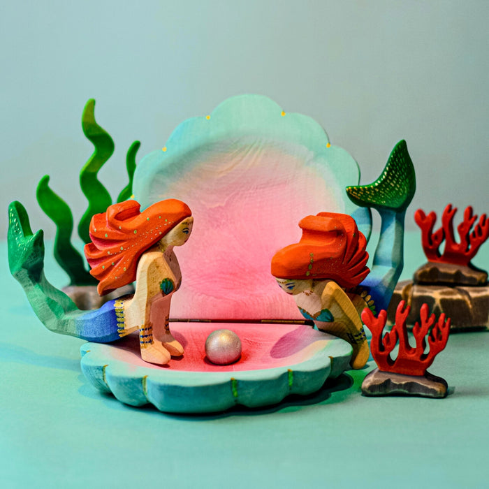 BumbuToys Handcrafted Wooden Mermaid and Shell Set from Australia in a small-world play setting