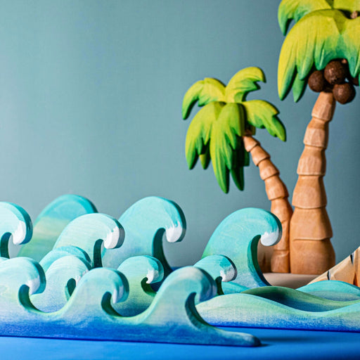 BumbuToys Handcrafted Wooden Seascape Figures Ocean Waves Set of 3 in a small-world play setting from Australia