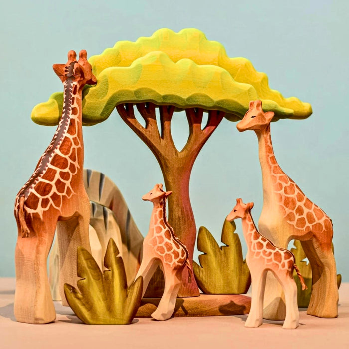 BumbuToys Large Handcrafted Wooden Acacia Tree with Giraffes for Small World Play from Australia