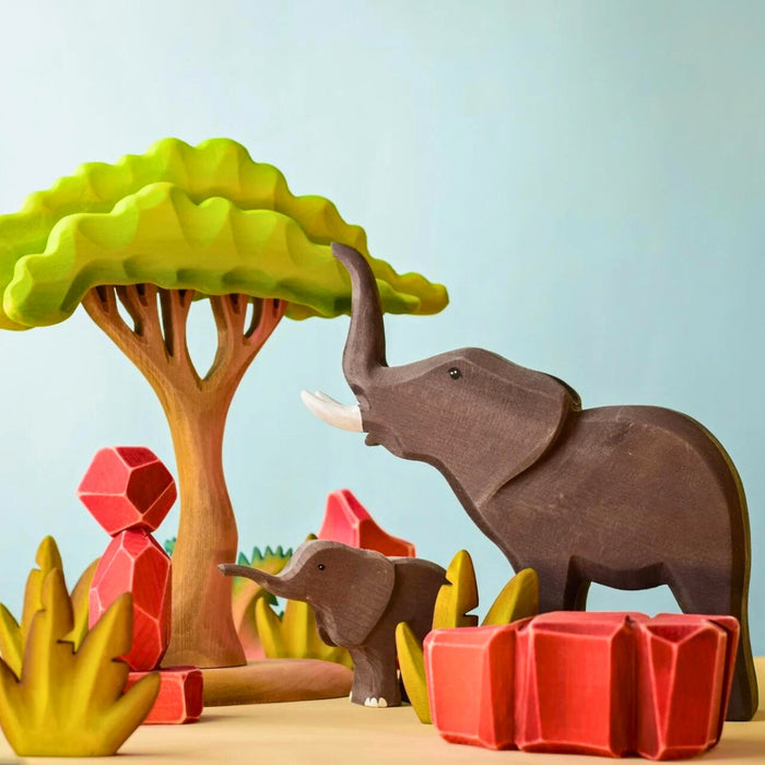 BumbuToys Large Handcrafted Wooden Acacia Tree with Elephants for Small World Play from Australia