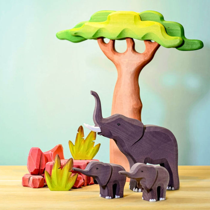 BumbuToys Handcrafted Wooden Tree Baobab Tall from Australia in a small-world play setting
