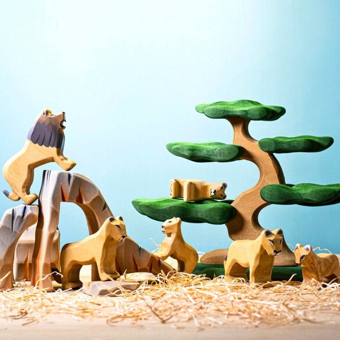 BumbuToys Handcrafted Wooden Tree Bonsai from Australia in a small-world play setting