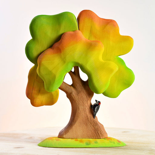 BumbuToys Handcrafted Wooden Tree Large Autumn Oak with Woodpecker from Australia