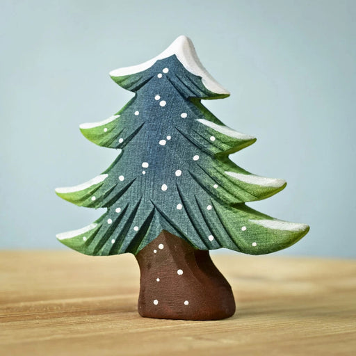 BumbuToys Handcrafted Small Wooden Snowy Fir Tree for Small World Play from Australia