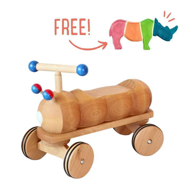 Dynamiko Wooden Ride On - Caterpillar Blue + FREE Rhino Wooden Figure