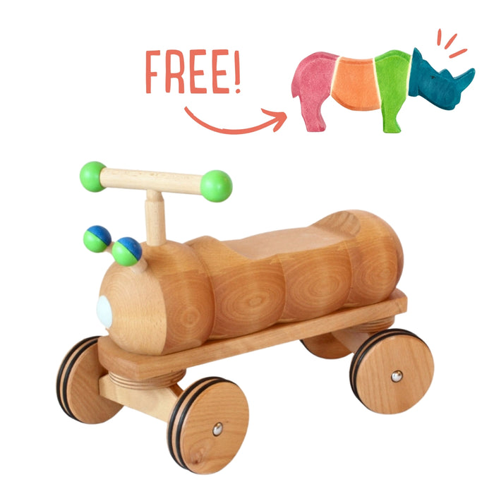 Dynamiko Wooden Ride On - Caterpillar Green + FREE Special Edition Ostheimer Rhino