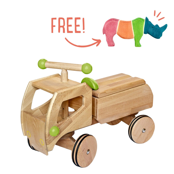 Dynamiko Wooden Ride On - Transporter Green 'Fred' + FREE Rhino Wooden Figure from Australia