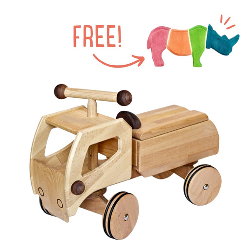 Dynamiko Wooden Ride On - Transporter Walnut 'Fred' + FREE Rhino Wooden Figure