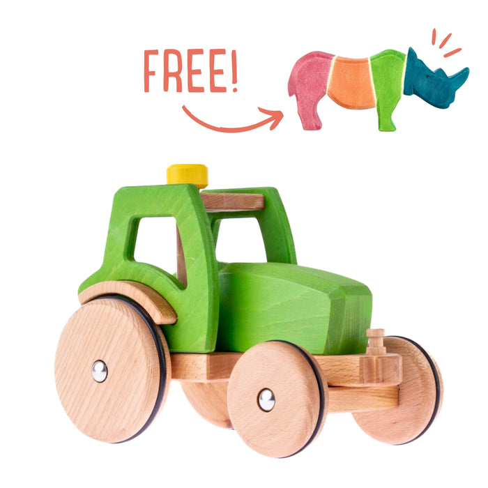 Dynamiko Wooden Tractor Corbinian - Green + FREE Rhino Wooden Figure from Australia