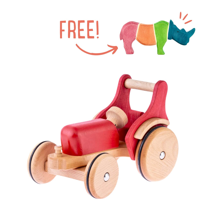 Dynamiko Wooden Tractor Ferdinand - Red + FREE Special Edition Ostheimer Rhino