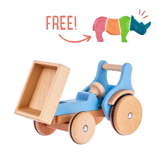 Dynamiko Wooden Tractor Fridolin - Light Blue + FREE Rhino Wooden Figure from Australia