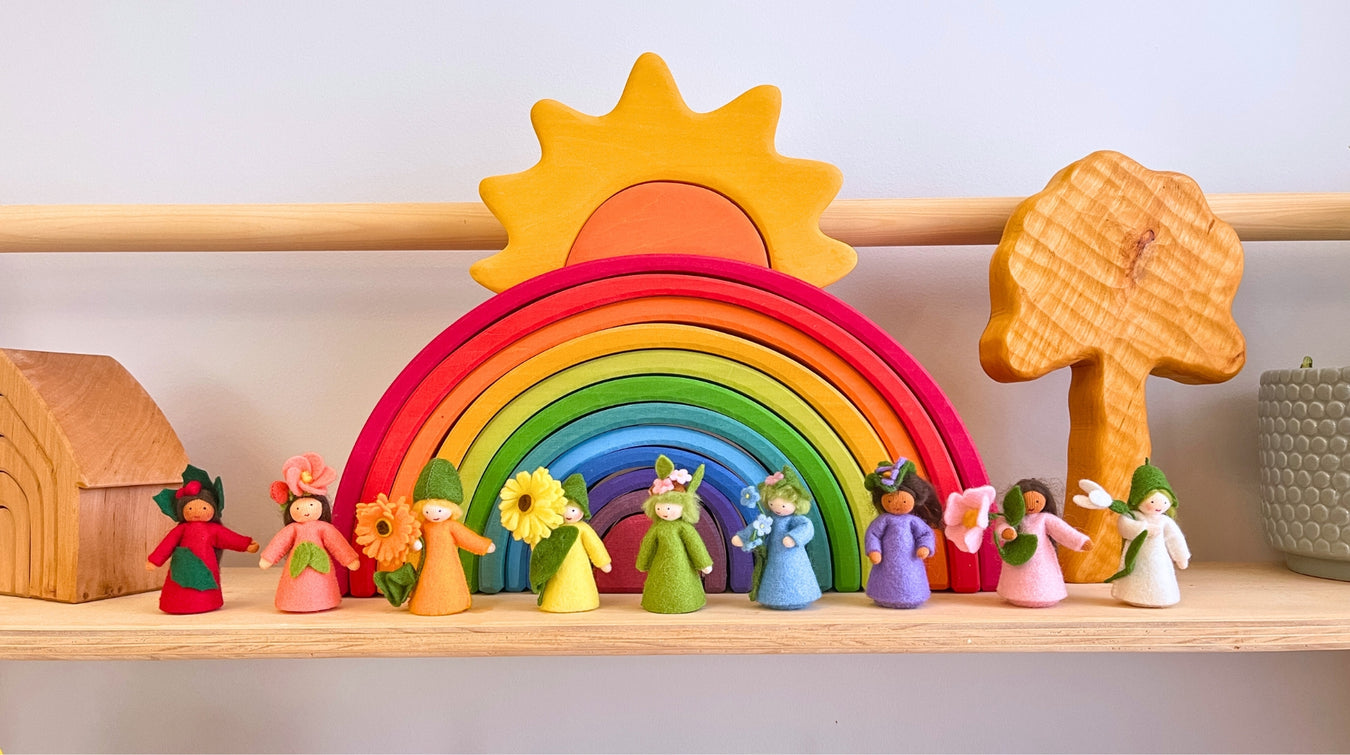 Playroom Shelf with Natural Wooden Toys from Grimm's and Ambrosius Felt Fairies at Oskar's Wooden Ark Australia