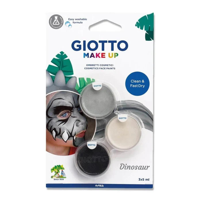 Giotto Cosmetic Grade Make Up Clean & Fast Dry Dinosaur Grey, White & Black Face Paint with Instructions