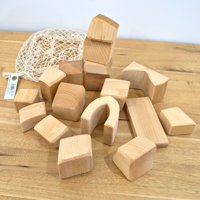 Gluckskafer Natural Wooden Toy Blocks 6cm Thick, 17 Pieces in Net Bag from Australia