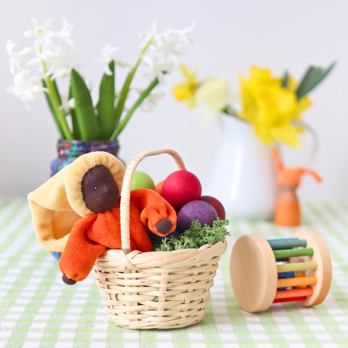 Grimm's Large Rolling Wheel Rainbow Rattle for Babies, Wooden Rainbow Balls, and Orange Sun Lavender Doll from Australia