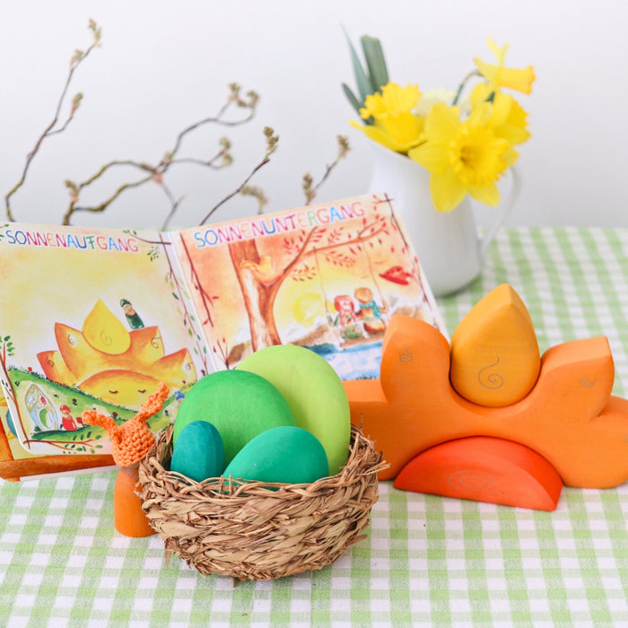 Grimm's Wooden Casa Sole Sun House, Green Moss Pebbles, and Weather Cardboard Book from Australia