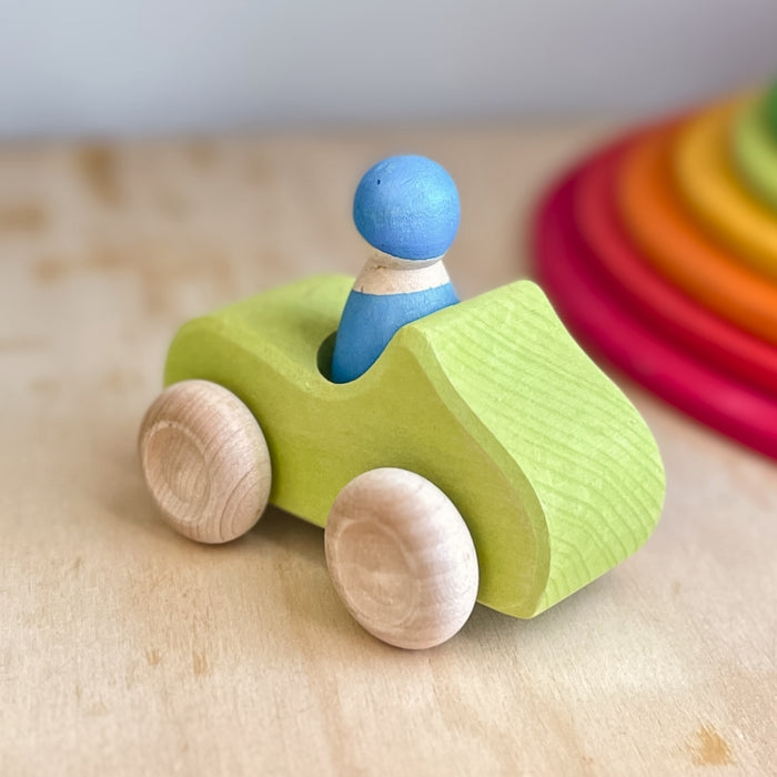 Grimm's Small, Green Wooden Toy Car and Peg Doll from Australia