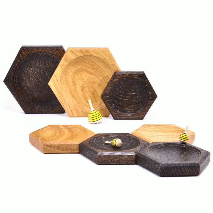 Mader Hexagonal Oak Wooden Plates and Bee Spinning Tops Honeycomb Set from Australia