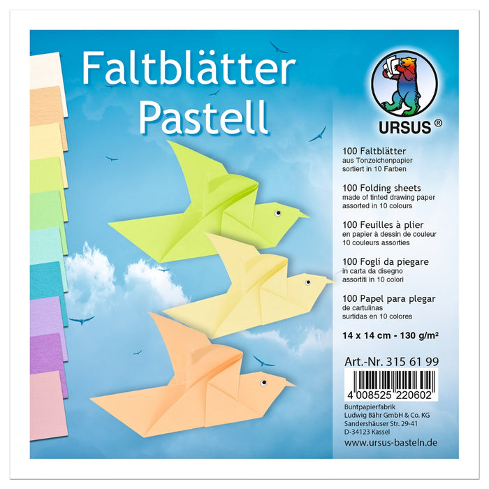 URSUS Folding Paper Pastel, 10 Colours, 20 Sheets 14cm Square from Australia