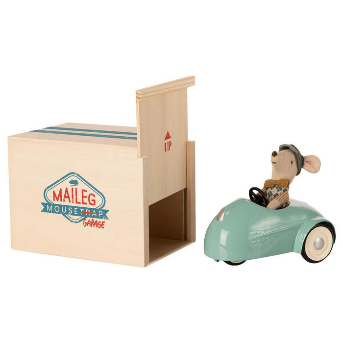 Maileg Little Brother Mouse, Car & Garage Blue - Retired Product